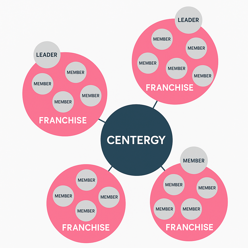 Diagram of the Centergy franchising model with the core, founding circles, and member groups